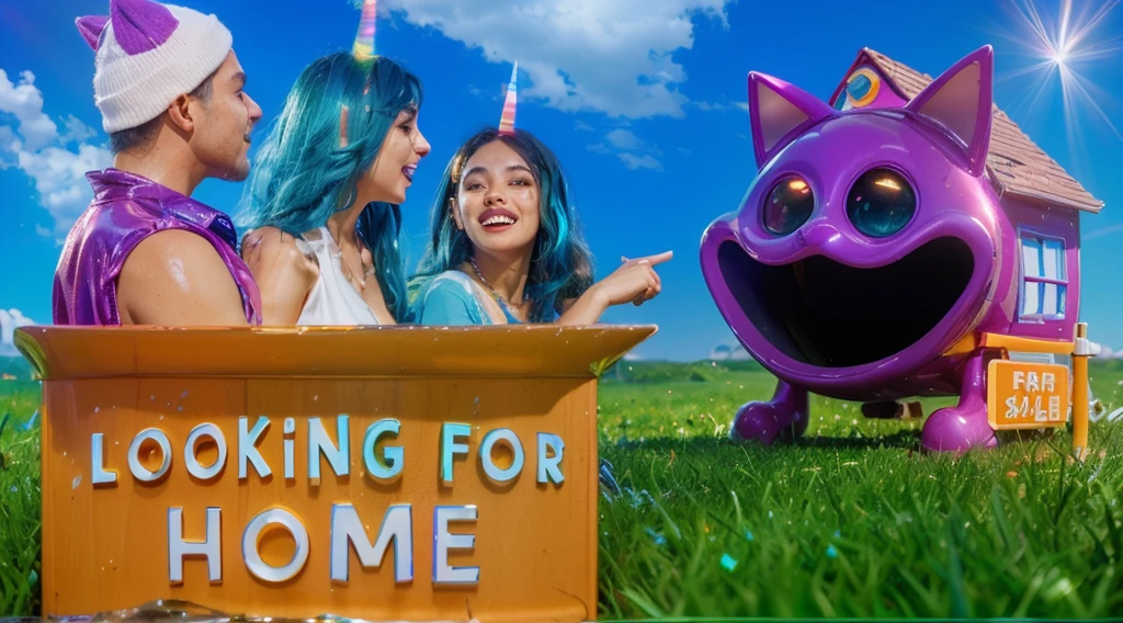 The image depicts a whimsical house designed to resemble a shiny purple cat with a wide, joyful expression. The house is rounded with exaggerated cat features, including large, pointy ears, big black eyes, and a wide-open mouth forming a comical and inviting entrance. The structure sits on a vibrant green hill, with an orange pathway leading up to it, giving a playful and imaginative atmosphere. The sky is a clear blue, enhancing the bright and cheerful scene. The overall design combines creativity and fun, making the house look like a lively, animated character. Create цветной рендеринг zbrush. perfect cgi, cgi art created only with gradients, smooth silhouette, Create ultra sharp skin, high intensity refraction, (plastic material), most beautiful vfx, blue background, plastic refractions, glossy texture, smooth 3d model, multiple light sources, rim light, sharp post effects render, (glossy plastic texture with multiple big light probe refractions), perfect cgi, cgi art created only with gradients, smooth silhouette, high intensity refraction, (plastic material), most beautiful vfx, blue background, plastic refractions