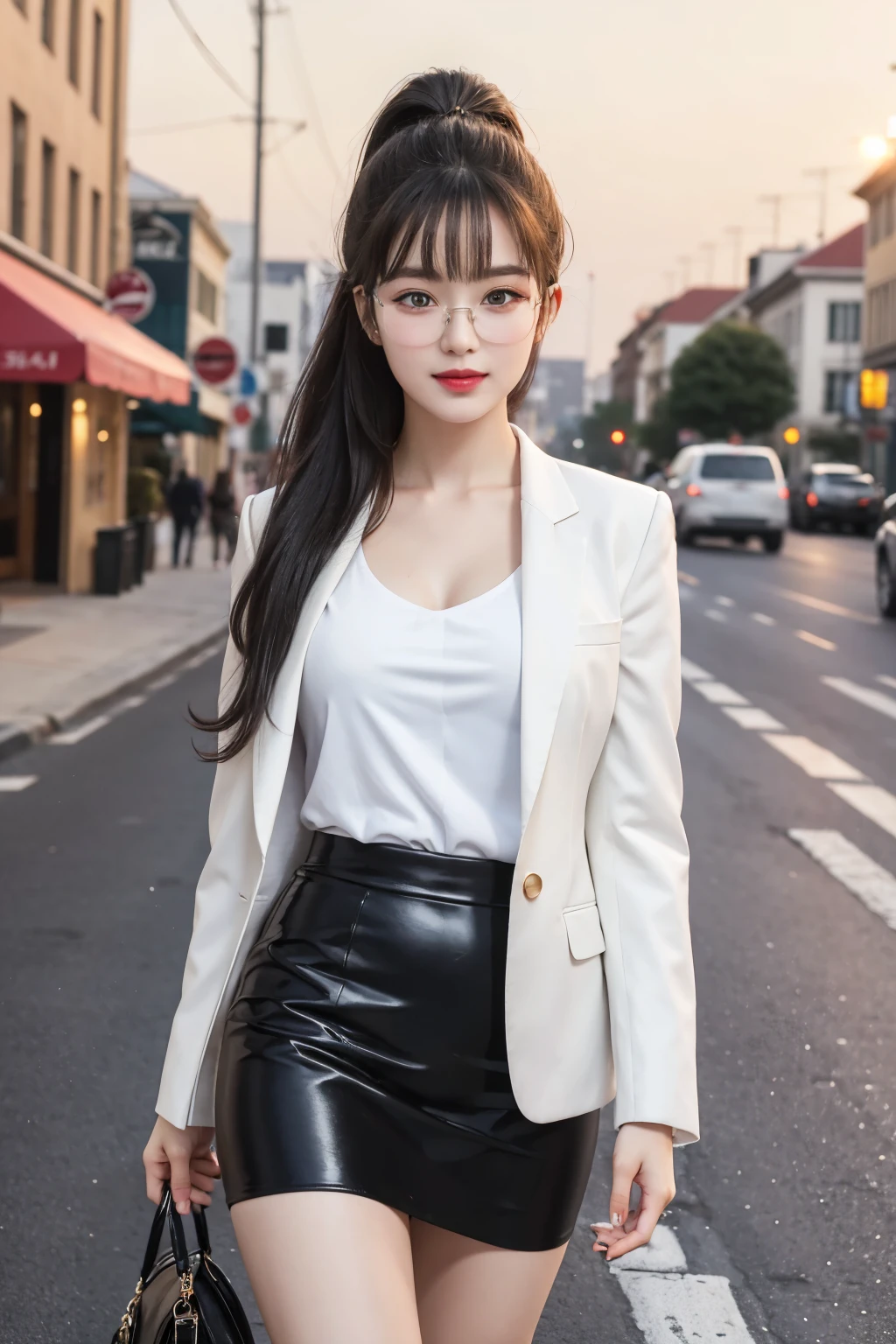 ((Best quality, masterpiece, detailed)), (RAW, 4k, hd images), shy, 1 girl, 18 years old, white skin, long hair, ponytail, layers hair, bangs, black hair, beautiful girl, cute girl, sweet girl, pretty girl, perfect girl, perfect eyes, pretty eyes, blue eyes, thin lips, thin, (eye line, lip stick soft), perfect , glasses(detailed frame), sunset atmosphere in the city, smile, white formal clothes, black short skirt, high heels, walking