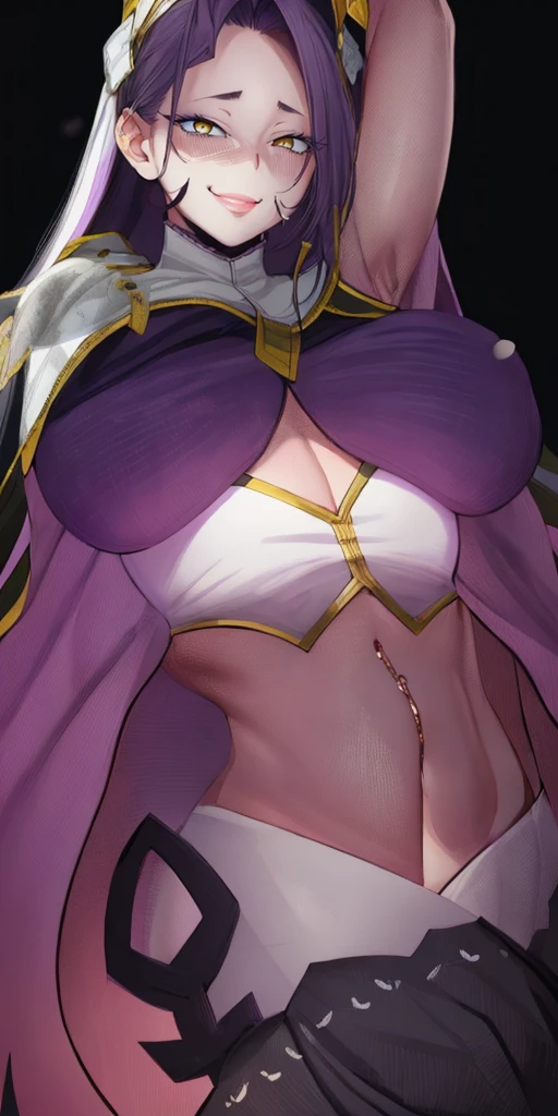 1girl, parted bangs, breasts, long_hair, blush, solo, large_breasts, covered_nipples, looking_at_viewer, nun, smile, purple_hair, navel, animal_ears, cape, covered_navel, arm_behind_head,