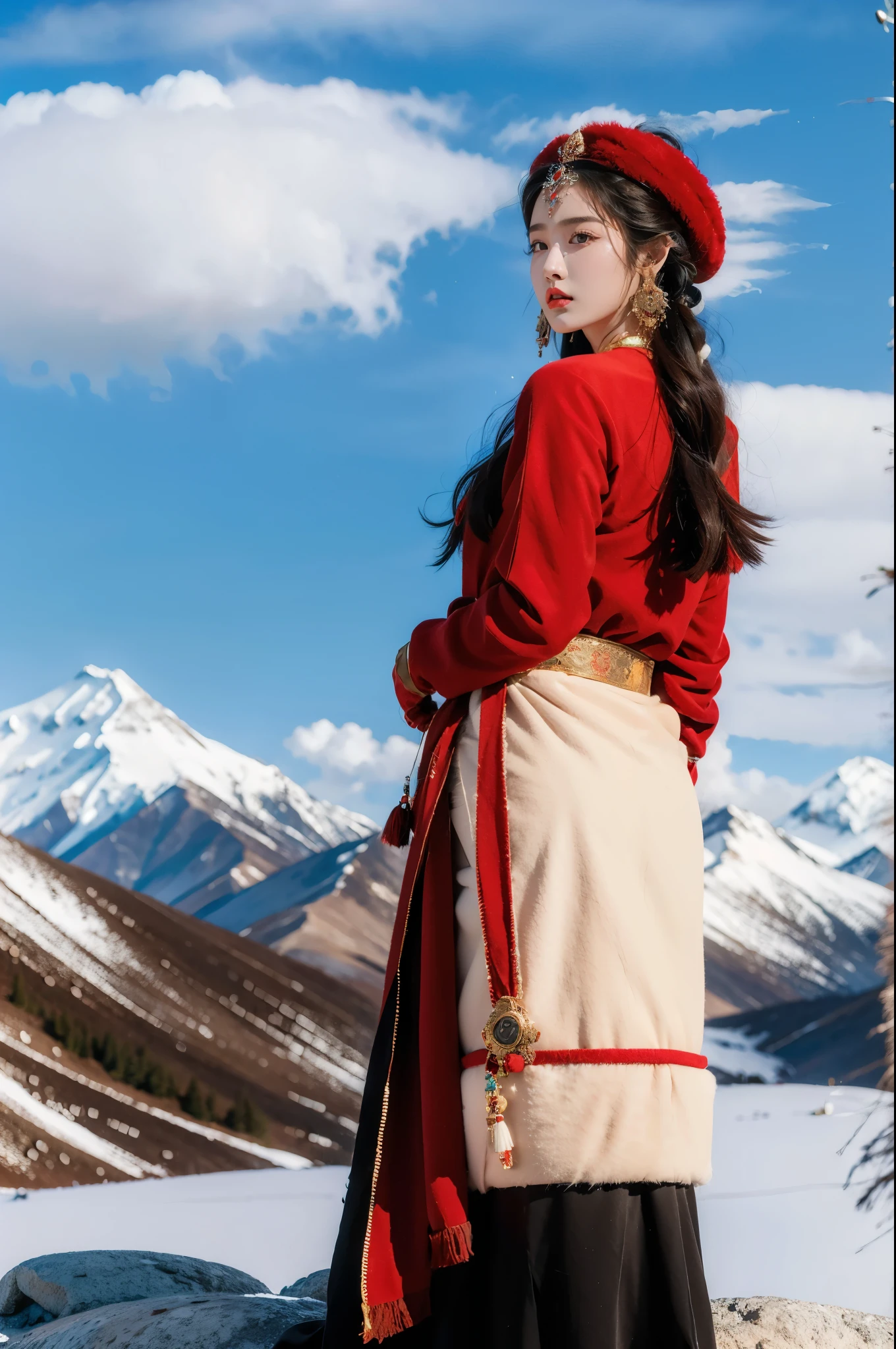 (masterpiece, best quality:1.2),red Tibetan clothing,1 Tibetan girl, blue sky, cloud, cloudy sky, day, earrings,Plush hat, horizon,Tibetan Earrings,jewelry,necklace, lips,snow mountain, outdoors, parted lips, red lips, solo, upper body,from back,towering hips,butt crack