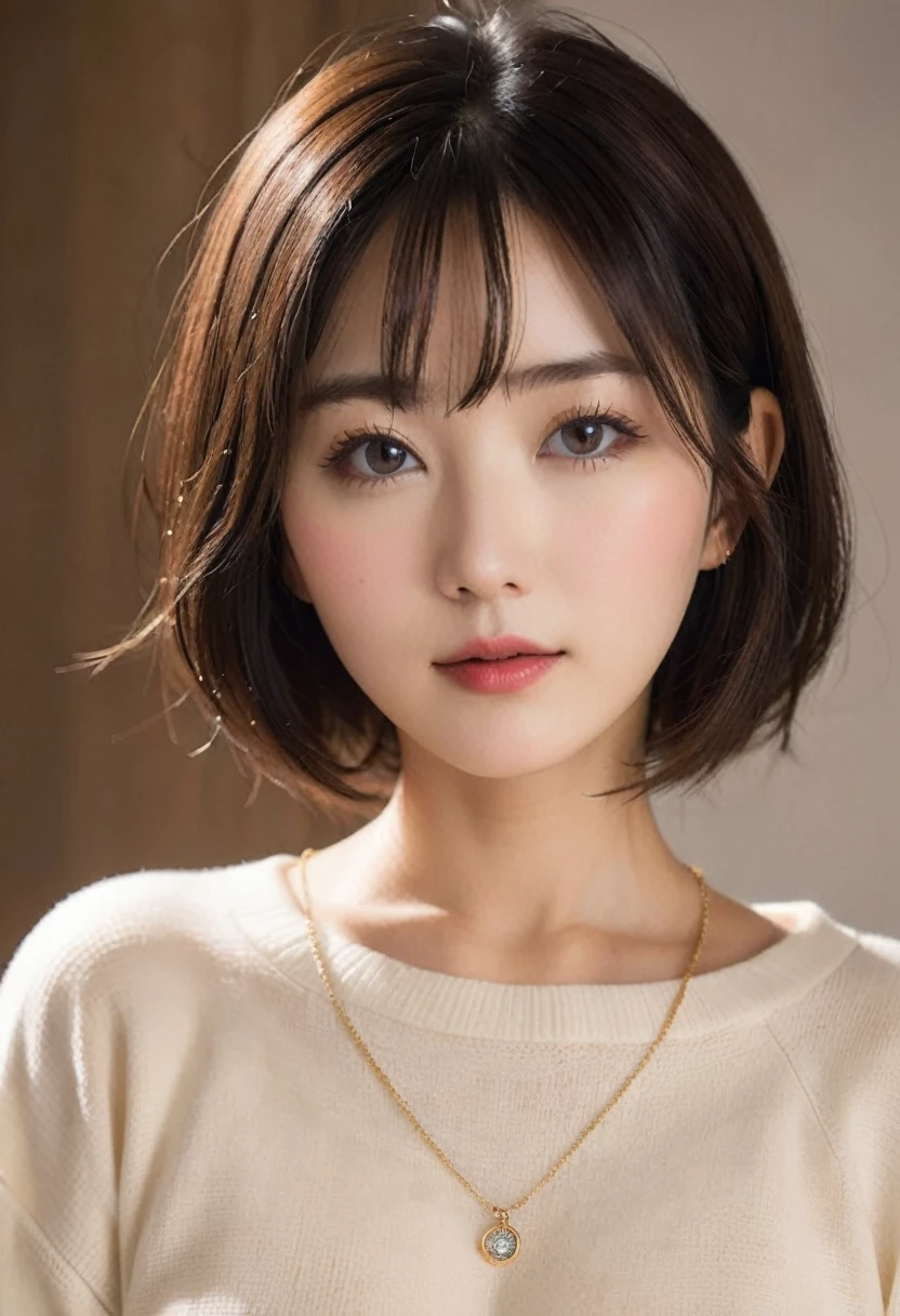 (highest quality, 8k, 32k, masterpiece, Ultra-high resolution:1.2),Beautiful Japanese Women Photos, Large Breasts, Very short bob hair,Upper Body,Face Focus,Extra Large_sweater, necklace, Simple Background, From above, View your viewers,