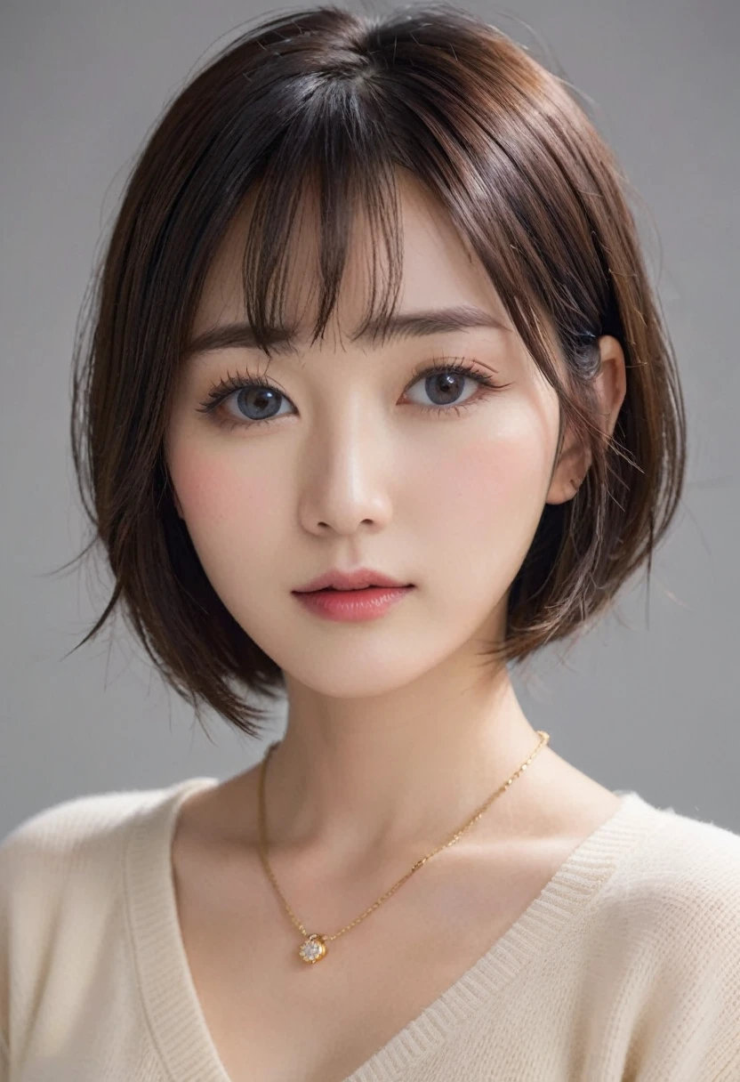 (highest quality, 8k, 32k, masterpiece, Ultra-high resolution:1.2),Beautiful Japanese Women Photos, Large Breasts, Very short bob hair,Upper Body,Face Focus,Extra Large_sweater, necklace, Simple Background, From above, View your viewers,