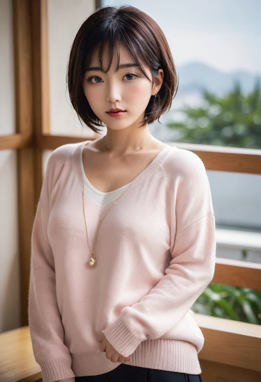(highest quality, 8k, 32k, masterpiece, Ultra-high resolution:1.2),Beautiful Japanese Women Photos, Large Breasts, Very short bob hair,Upper Body,Face Focus,Extra Large_sweater, necklace, Simple Background, From above, View your viewers,