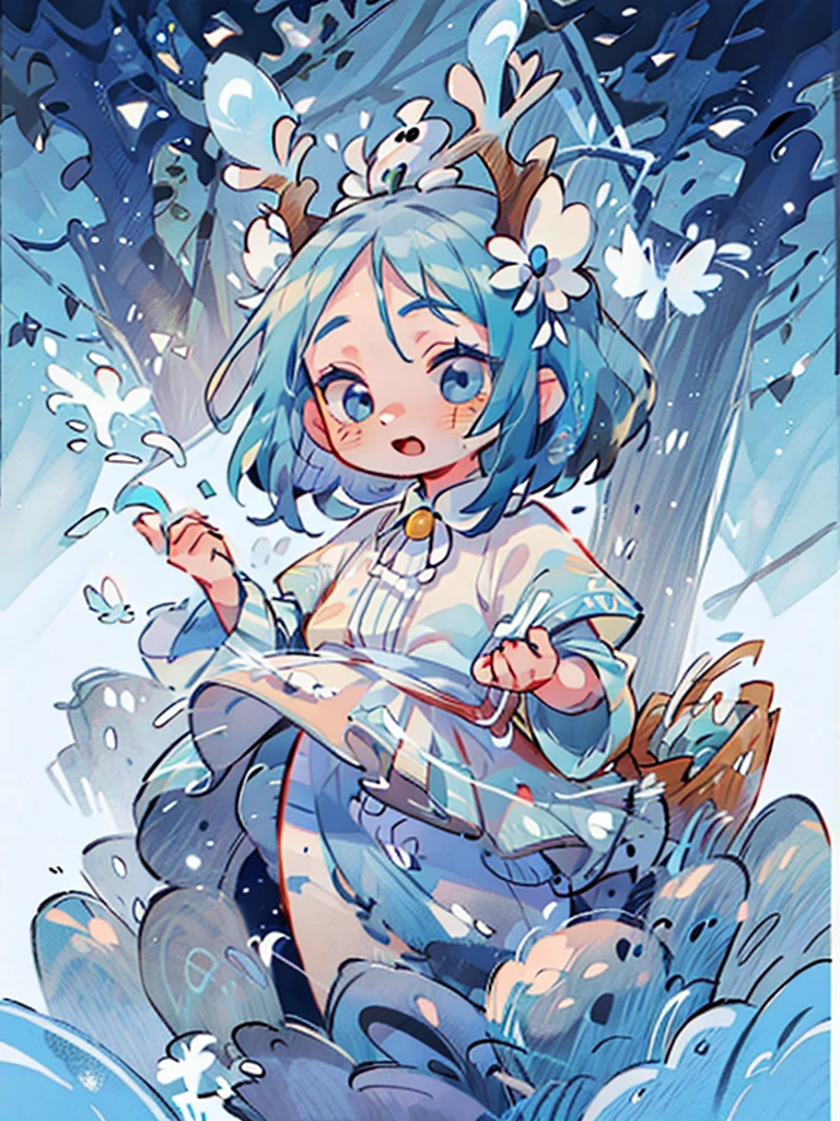 chibi, masterpiece, best quality, extremely detailed, detailed background, detailed face, 1girl, full-body, solo, pale skin, long blue hair which each strands were being lifted up by butterflies, deer ears, white deer horns, happy expression, white dress, blue flower, good finger, perfect face, intricate details, mystical forest theme, tarot, black background, celestial