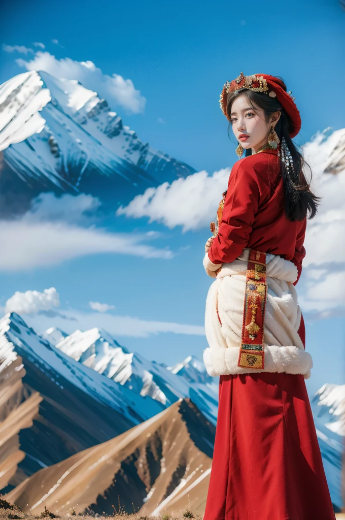 (masterpiece, best quality:1.2),red Tibetan clothing,1 Tibetan girl, blue sky, cloud, cloudy sky, day, earrings,Plush hat, horizon,Tibetan Earrings,jewelry,necklace, lips,snow mountain, outdoors, parted lips, red lips, solo, upper body,from back,towering hips,butt crack
