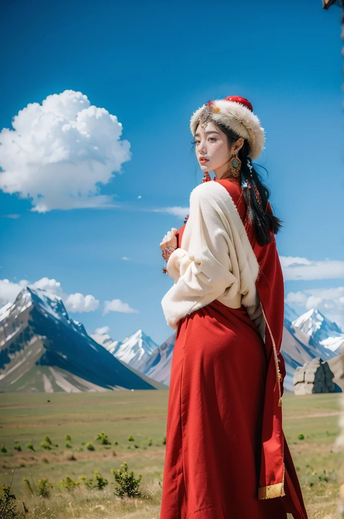(masterpiece, best quality:1.2),red Tibetan clothing,1 Tibetan girl, blue sky, cloud, cloudy sky, day, earrings,Plush hat, horizon,Tibetan Earrings,jewelry,necklace, lips,snow mountain, outdoors, parted lips, red lips, solo, upper body,from back,towering hips,butt crack