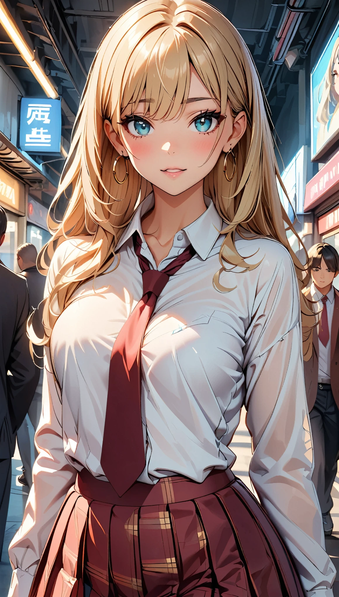 (Highest quality:1.2, High Detail, masterpiece:1.2, Best aesthetics), (1 girl), Beautiful woman, Beautiful detailed eyes, Beautiful detailed lips, Highly detailed face, Delicate depiction of hair and eyes, Detailed Fashion, ((Portraiture, Cowboy Shot, People Girls, blush)), Aqua Eye, Headband, Mouth open, Earrings, hoop Earrings, JK, White shirt, Loose red tie, Pleated skirt, View your viewers,