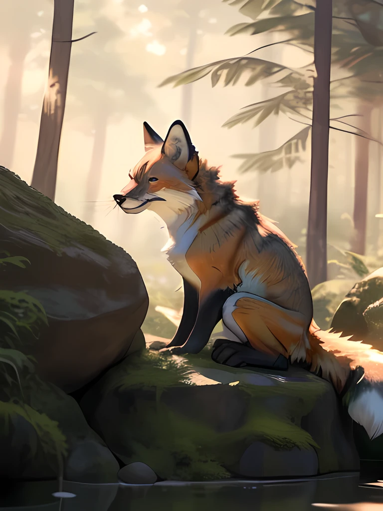 a detailed portrait of a fox, (best quality,4k,8k,highres,masterpiece:1.2),ultra-detailed,(realistic,photorealistic,photo-realistic:1.37),HDR,UHD,studio lighting,ultra-fine painting,sharp focus,physically-based rendering,extreme detail description,professional,vivid colors,bokeh,intricate fur,piercing eyes,sharp teeth,natural lighting,lush forest background,moss covered rocks,sunbeams filtering through trees