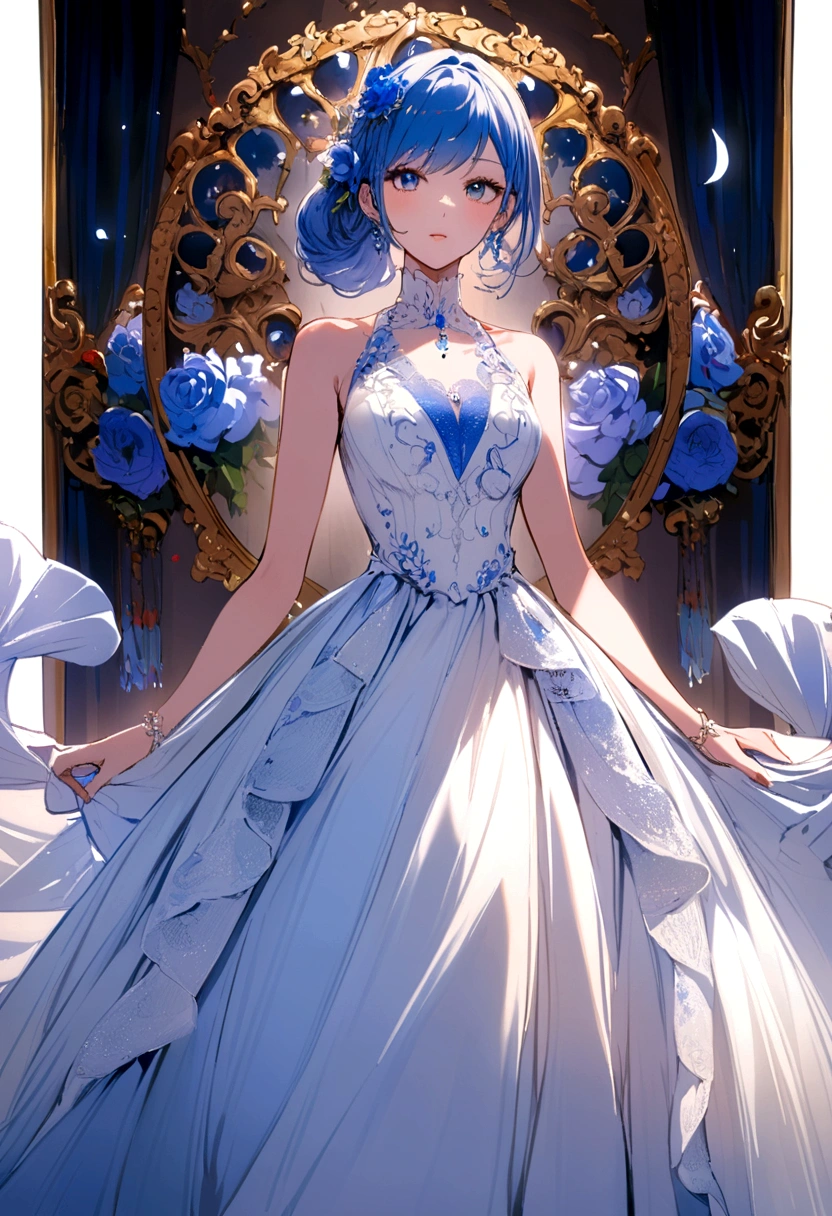 Woman wearing an elegant blue white red dress with the inscription RN on the neckline of the dress