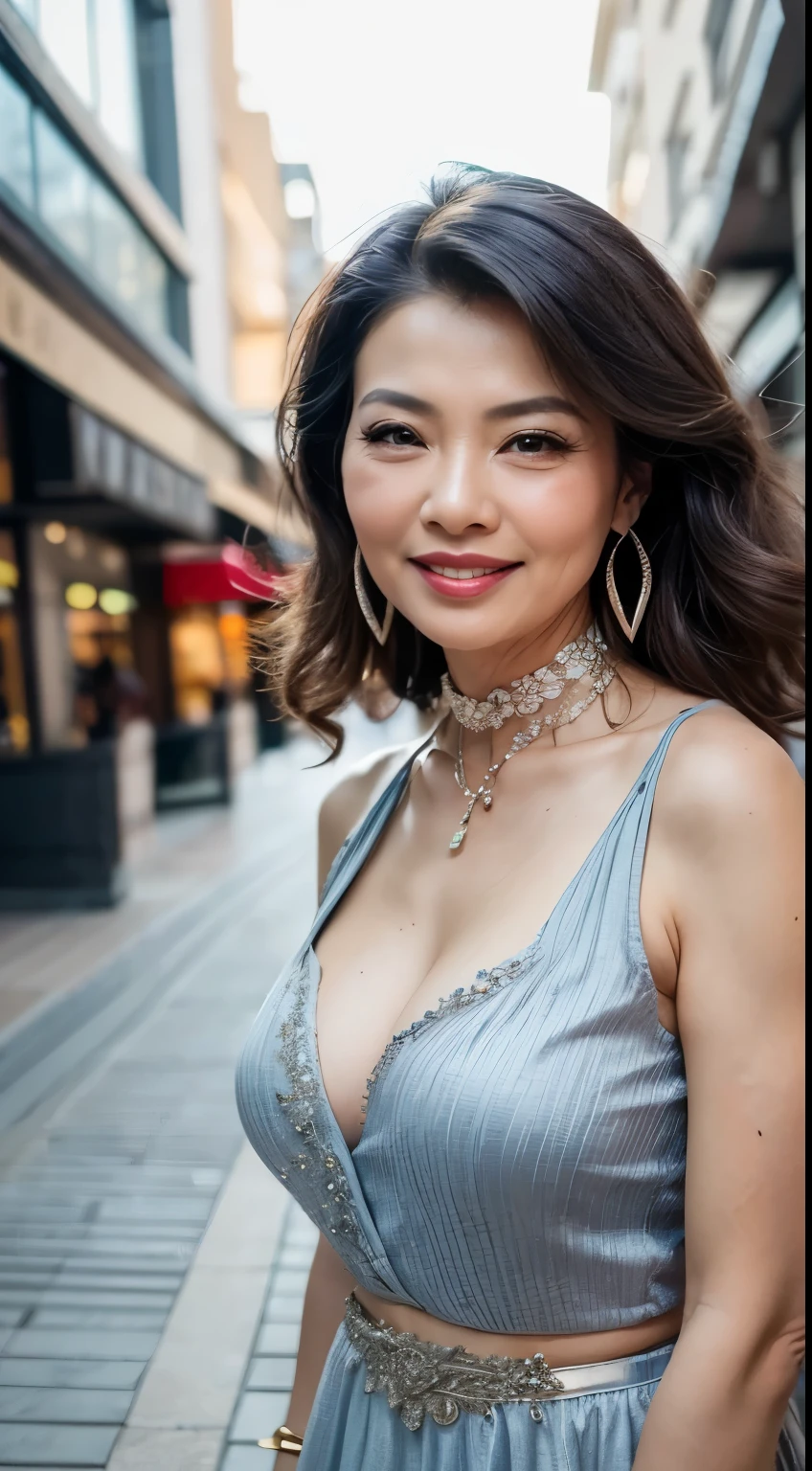 , Summer Dresses 75 years old mom milf Chinese Lady large earring Big choker navel piercing decoration A bracelet Silver Hair realisitic Gorgeous Madame Beautiful Mature Woman sexly Smile Gentle woman navel piercing 4K High quality shopping mall Landscape Heavy chest