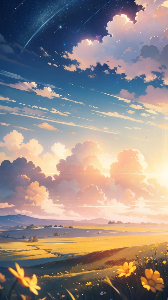 Summer prairie, meadow, few small flowers, large clouds, evening time, hot weather, HD detail, hyper-detail, cinematic, surrealism, soft light, deep field focus bokeh, ray tracing, and surrealism. --v 6