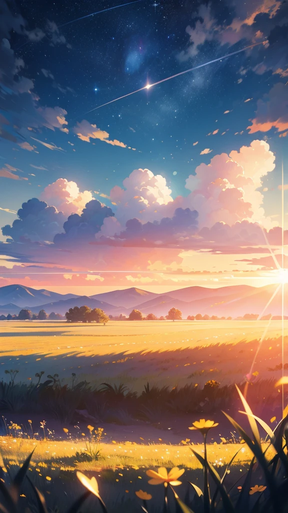 Summer prairie, meadow, few small flowers, large clouds, evening time, hot weather, HD detail, hyper-detail, cinematic, surrealism, soft light, deep field focus bokeh, ray tracing, and surrealism. --v 6