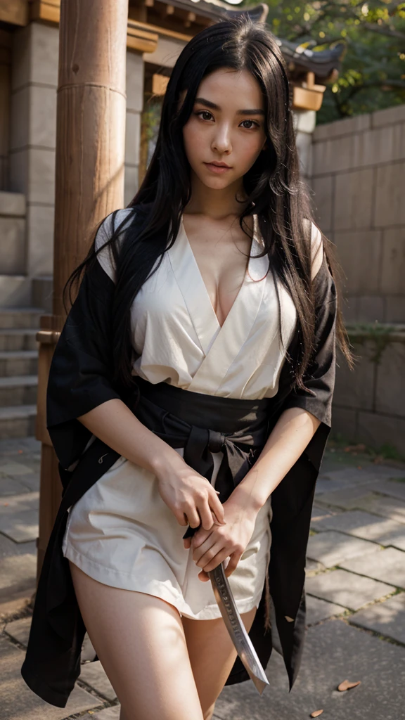anime girl with a long black hair and red eyes .Standing in the middle of a temple square.holding a katana sword. sharp features. wearing a loose  kimono. nice face. wide eyes 