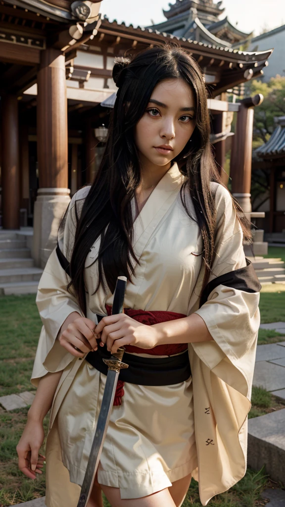 anime girl with a long black hair and red eyes .Standing in the middle of a temple square.holding a katana sword. sharp features. wearing a loose  kimono. nice face. wide eyes 