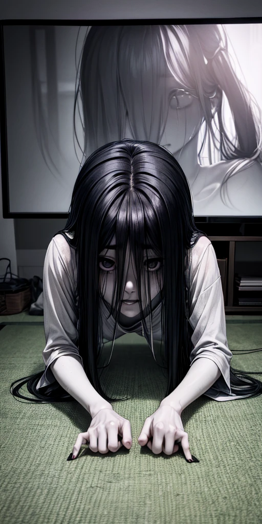 Sadako, soaking, wet robe, gray colored skin, Hair covers the face, sexy for.Sadako crawled out of the TV，A woman lying on the floor in front of the TV, japanese horror, style of hajime isayama, japanese horror movie footage, Junji Ito 4K, japanese pop surrealism