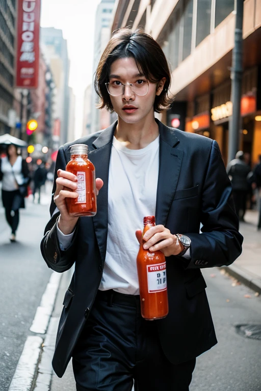 Baldhead,Red Eyes,Beautiful watch,earrings,Stylish suits,Poker face,Chili sauce bottle,Young,Lenses,Glasses,walk,Cool guy