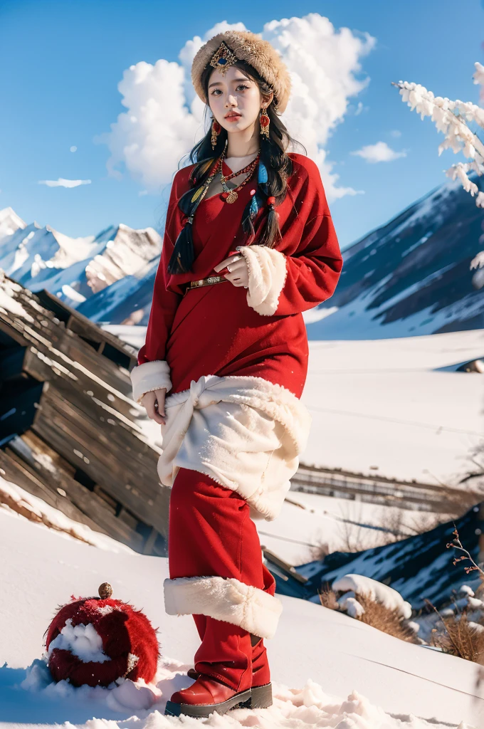 (masterpiece, best quality:1.2),red Tibetan clothing,1 Tibetan girl, blue sky, cloud, cloudy sky, day, earrings,Plush hat, horizon,Tibetan Earrings,jewelry,necklace, lips,snow mountain, outdoors, parted lips, red lips, solo,flat chest,full body,slender legs,boots