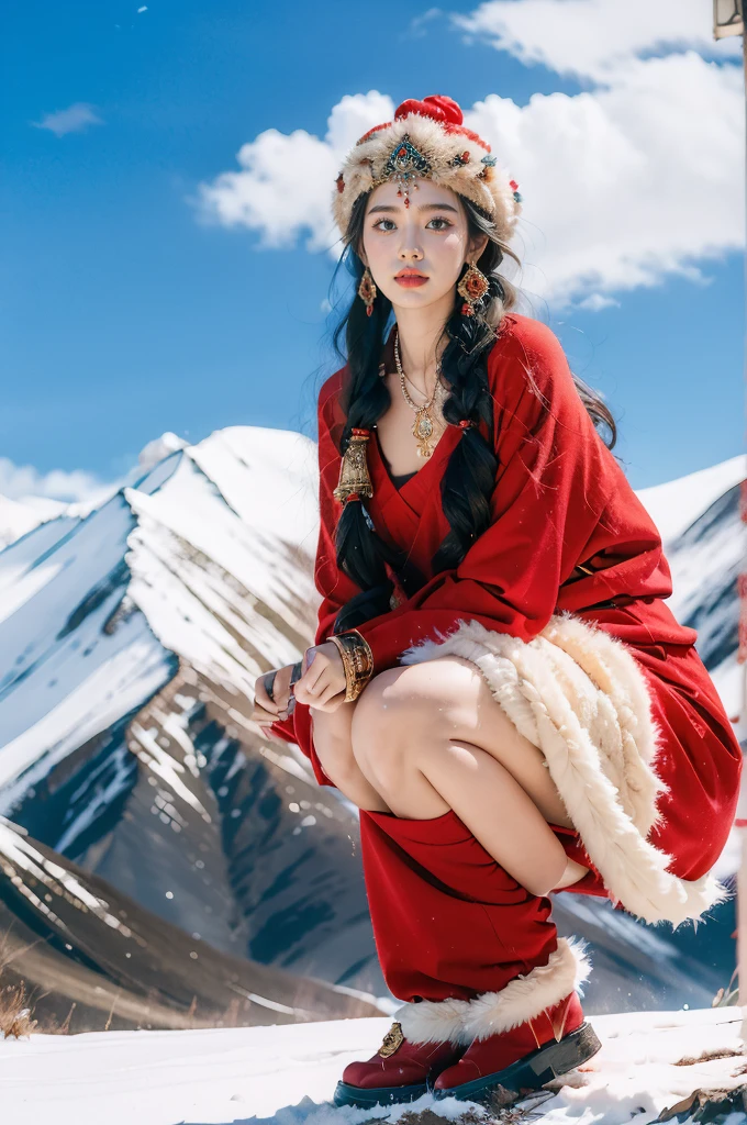 (masterpiece, best quality:1.2),red Tibetan clothing,1 Tibetan girl, blue sky, cloud, cloudy sky, day, earrings,Plush hat, horizon,Tibetan Earrings,jewelry,necklace, lips,snow mountain, outdoors, parted lips, red lips, solo,flat chest,full body,slender legs,boots