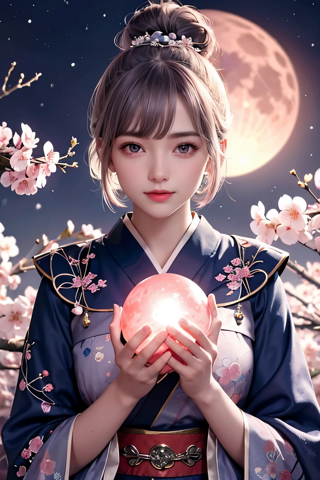 (Holding a glowing blue crystal ball in each hand)),positive,Front configuration,Upper Body,((Observe the audience)),gorgeous red and black kimono,Cherry Blossom Hair Accessories,length, Short Hair, Silver Hair,Cherry Blossom Hair Accessories,Beautiful and delicate face,blush,Cherry pink eyes,Big eyes,Extremely fine resolution,Highest quality,(Pink Moon),mysterious,Cherry Blossoms at Night