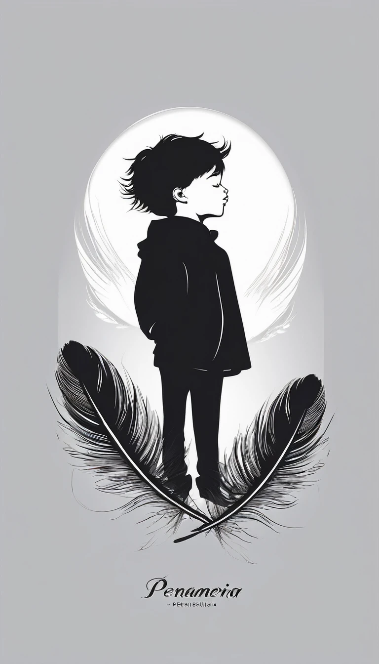 A minimalist, fantastic, poetic, dreamy, captivating, memorable, masterpiece, modern, simple logo design of a boy and a feather for the brand “Penamemoria". The logo must convey a sense of music, stories and dreams. Minimalistic logo design of a boy and a feather.