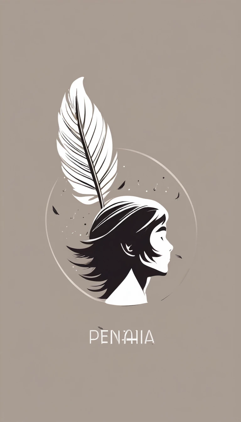 A minimalist, fantastic, poetic, dreamy, captivating, memorable, masterpiece, modern, simple logo design of a boy and a feather for the brand “Penamemoria". The logo must convey a sense of music, stories and dreams. Minimalistic logo design of a boy and a feather.