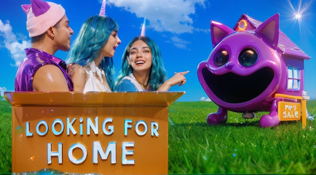 The image depicts a whimsical house designed to resemble a shiny purple cat with a wide, joyful expression. The house is rounded with exaggerated cat features, including large, pointy ears, big black eyes, and a wide-open mouth forming a comical and inviting entrance. The structure sits on a vibrant green hill, with an orange pathway leading up to it, giving a playful and imaginative atmosphere. The sky is a clear blue, enhancing the bright and cheerful scene. The overall design combines creativity and fun, making the house look like a lively, animated character. Create цветной рендеринг zbrush. perfect cgi, cgi art created only with gradients, smooth silhouette, Create ultra sharp skin, high intensity refraction, (plastic material), most beautiful vfx, blue background, plastic refractions, glossy texture, smooth 3d model, multiple light sources, rim light, sharp post effects render, (glossy plastic texture with multiple big light probe refractions), perfect cgi, cgi art created only with gradients, smooth silhouette, high intensity refraction, (plastic material), most beautiful vfx, blue background, plastic refractions