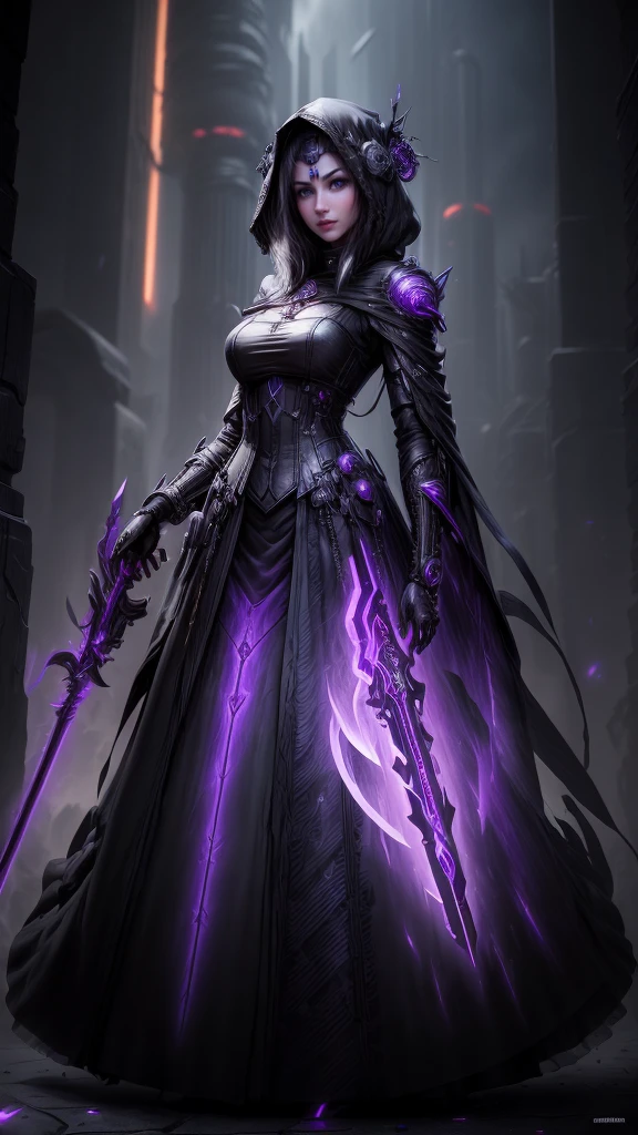a dark fantasy cyberpunk android woman, 1 girl, highly detailed, hyper realistic, masterpiece, 8k, photorealistic, beautiful detailed eyes, beautiful detailed lips, extremely detailed face, long eyelashes, long white hair, shawl, black coat, glowing purple eyes, expressionless, mecha long skirt, holding a weapon, beautiful necromancer, dark cloaked necromancer, beautiful death, dark witch character, (black purple:1.1), studio lighting, professional, vivid colors, physically-based rendering, extreme detail description
