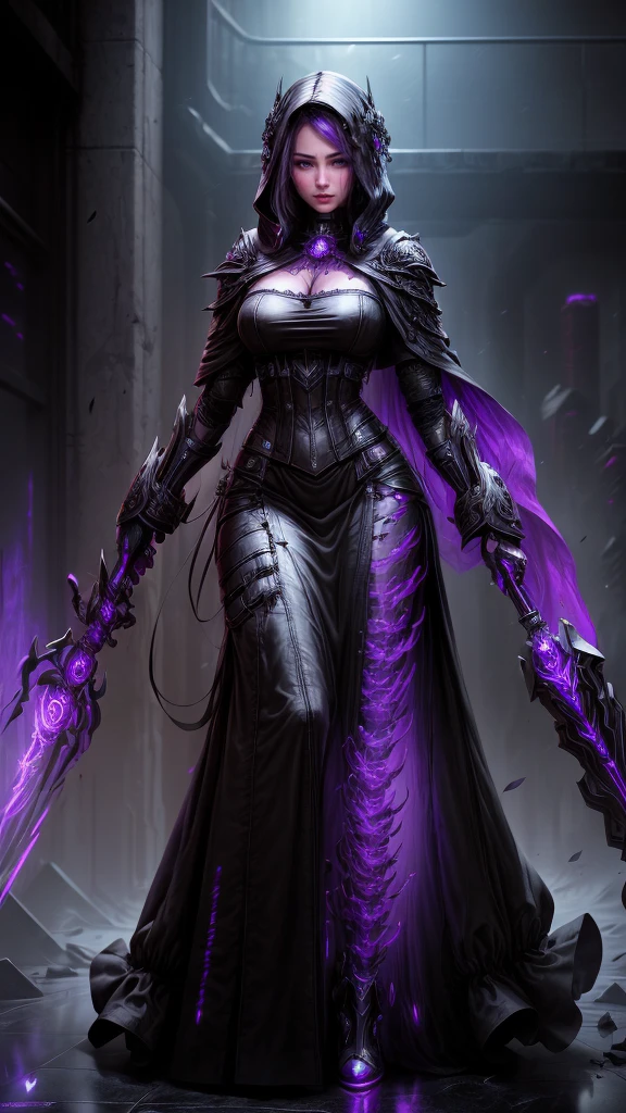 a dark fantasy cyberpunk android woman, 1 girl, highly detailed, hyper realistic, masterpiece, 8k, photorealistic, beautiful detailed eyes, beautiful detailed lips, extremely detailed face, long eyelashes, long white hair, shawl, black coat, glowing purple eyes, expressionless, mecha long skirt, holding a weapon, beautiful necromancer, dark cloaked necromancer, beautiful death, dark witch character, (black purple:1.1), studio lighting, professional, vivid colors, physically-based rendering, extreme detail description
