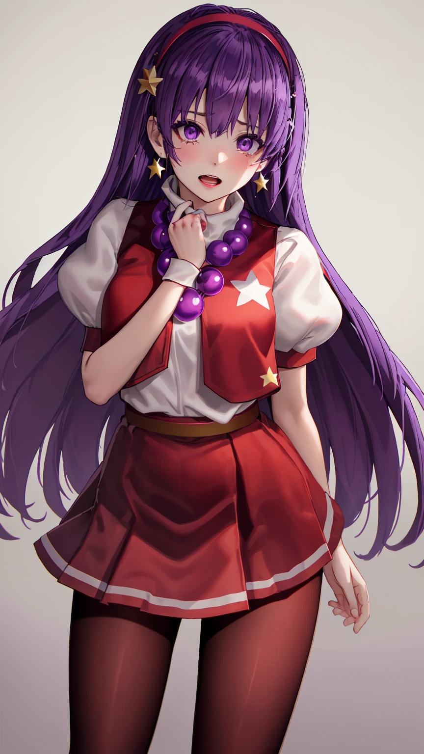 masterpiece,best quality,detailed,white theme,extreme detailed,colorful,highest detailed,masterpiece,best quality,highly detailed,athena97,1girl,cowboy shot,solo,standing,open mouth,crying,purple eyes,purple hair,straight hair,white earrings,red hairband,star hair ornament,medium breats,red vest,white turtleneck,white puffy sleeves,short sleeves,red pleated skirt,(deep red pantyhose:1.2),black pantyhose,yellow belt,purple sphere shape necklace,white short socks,(Hands on own chest,:1.2),