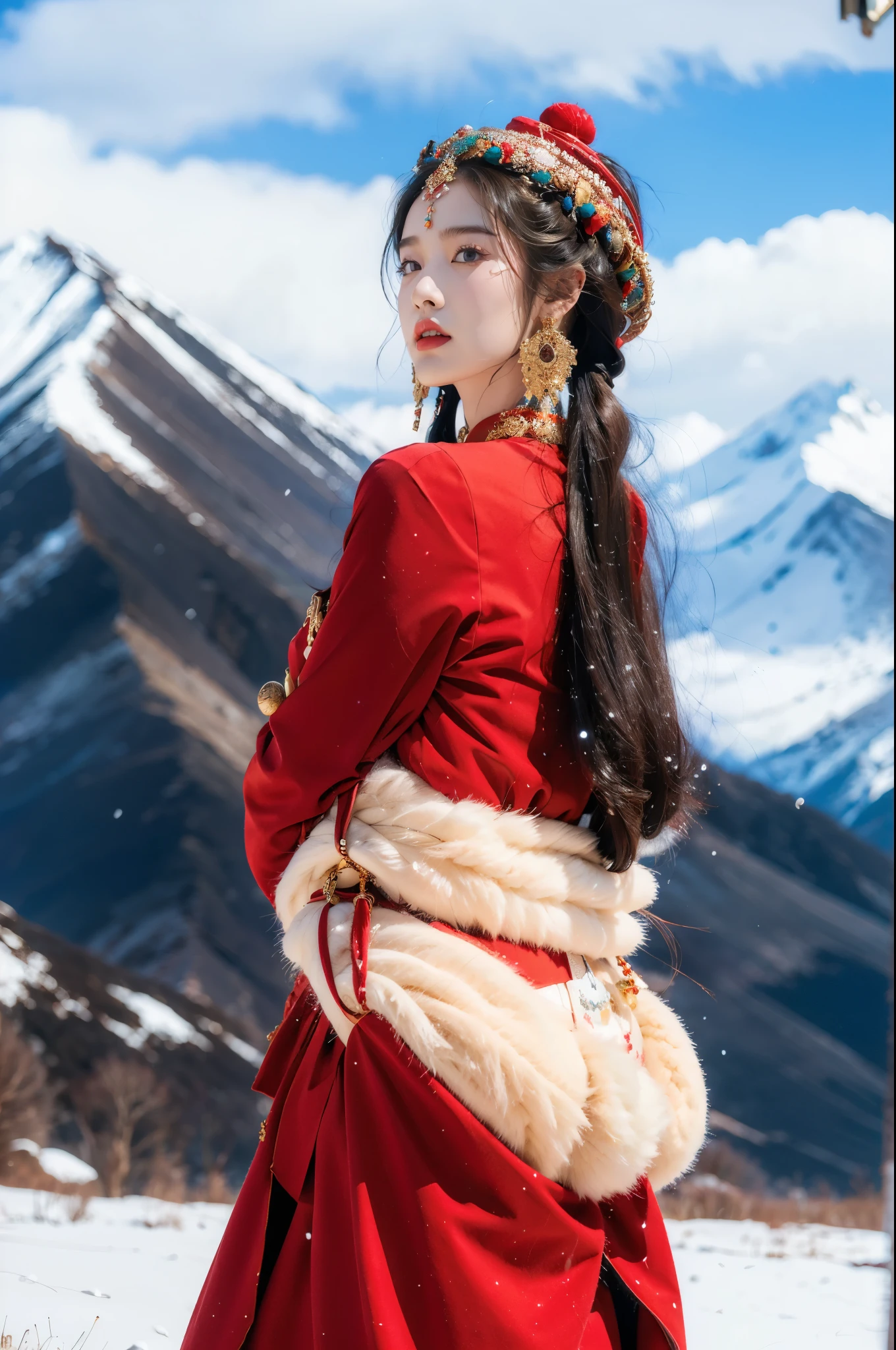 (masterpiece, best quality:1.2),red Tibetan clothing,1 Tibetan girl, blue sky, cloud, cloudy sky, day, earrings,Plush hat, horizon,Tibetan Earrings,jewelry,necklace, lips,snow mountain, outdoors, parted lips, red lips, solo, upper body,from back,towering hips,butt crack