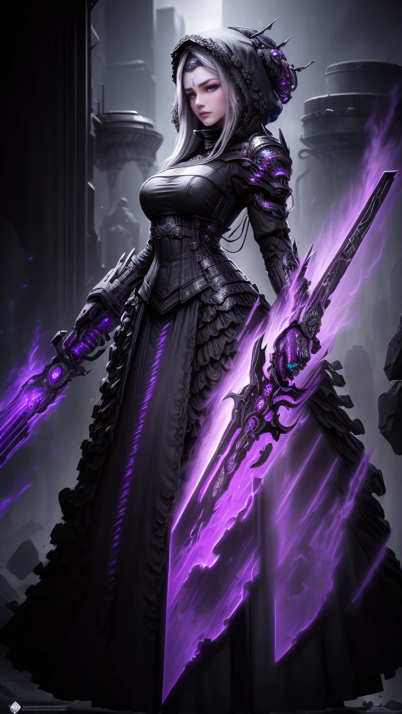 a dark fantasy cyberpunk android woman, 1 girl, highly detailed, hyper realistic, masterpiece, 8k, photorealistic, beautiful detailed eyes, beautiful detailed lips, extremely detailed face, long eyelashes, long white hair, shawl, black coat, glowing purple eyes, expressionless, mecha long skirt, holding a weapon, beautiful necromancer, dark cloaked necromancer, beautiful , dark witch character, (black purple:1.1), studio lighting, professional, vivid colors, physically-based rendering, extreme detail description