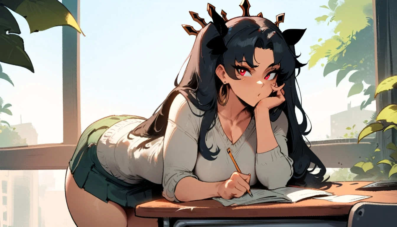 1girl, ishtar \(fate\), fate \(series\) \\\\\ masterpiece, best quality, very aesthetic, absurdres, newest \\\\\\ slim body,///// ,by nyantcha,cutesexyrobutts , by khyle,,////// beautiful face, sexy, red eyes, , at school, windows, greenery, sweater,skirt,at desk