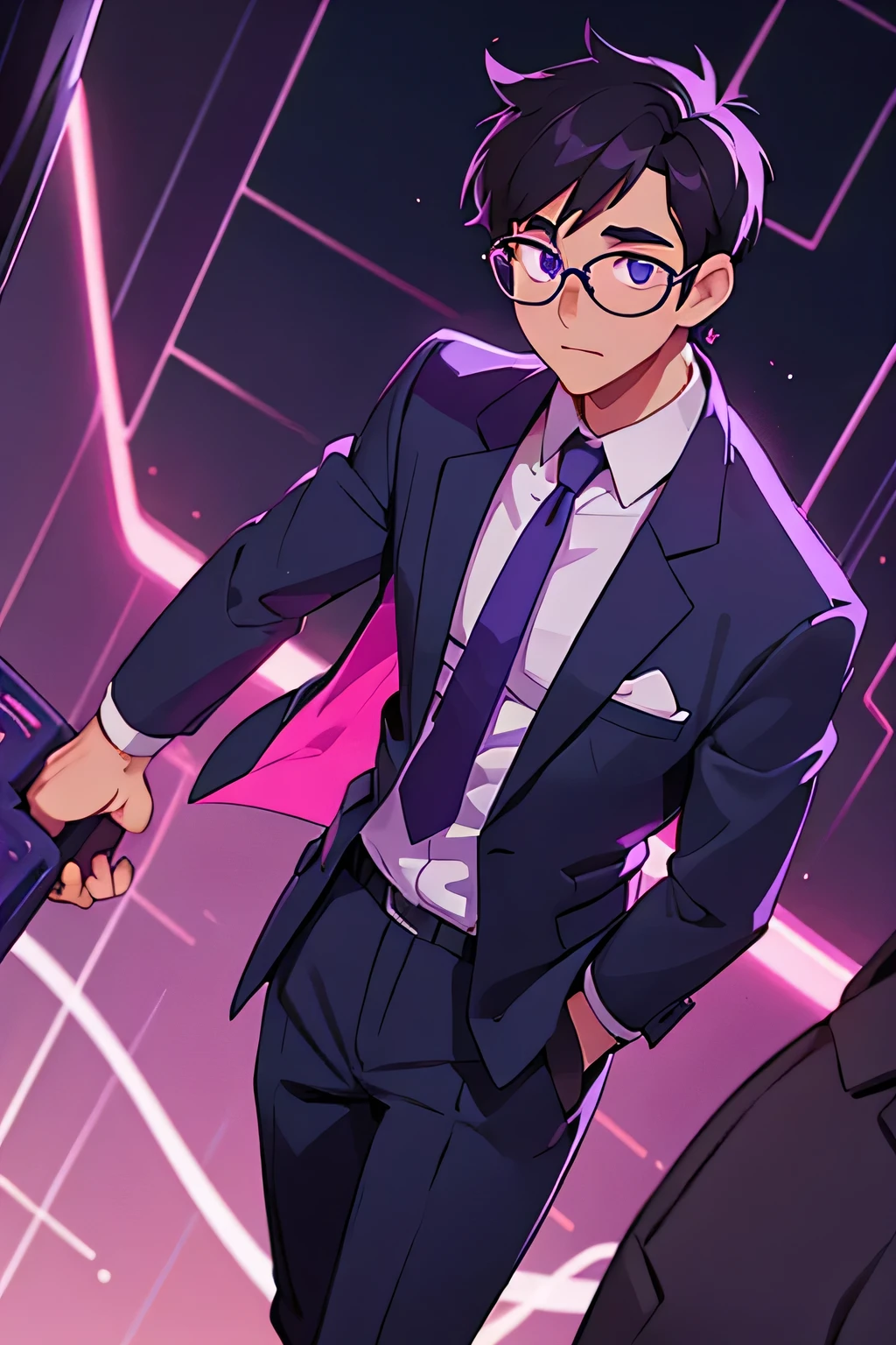 A handsome businessman with glasses in a town lit by purple neon lights