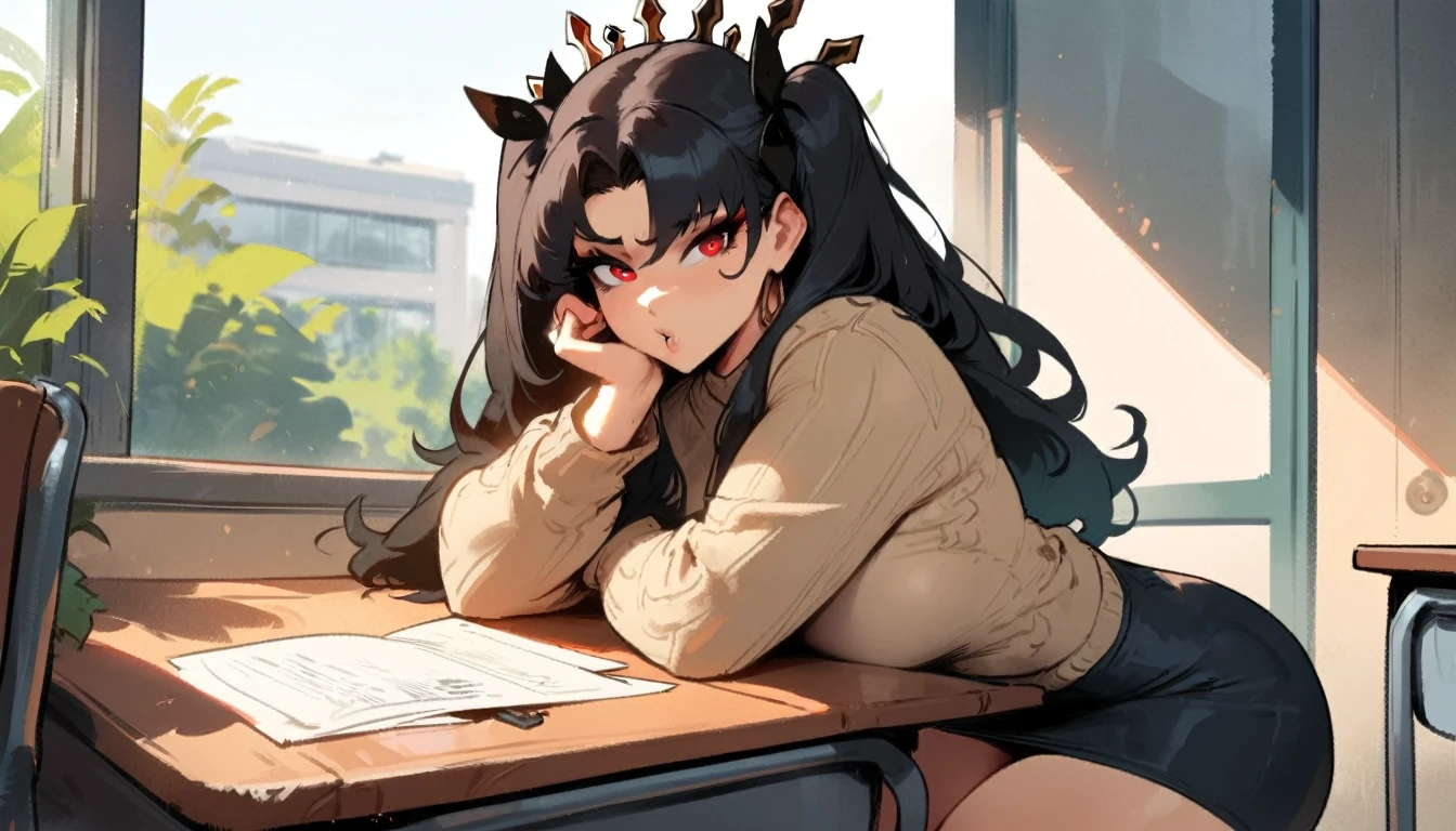 1girl, ishtar \(fate\), fate \(series\) \\\\\ masterpiece, best quality, very aesthetic, absurdres, newest \\\\\\ slim body,///// ,by nyantcha,cutesexyrobutts , by khyle,,////// beautiful face, sexy, red eyes, , at school, windows, greenery, sweater,skirt,at desk