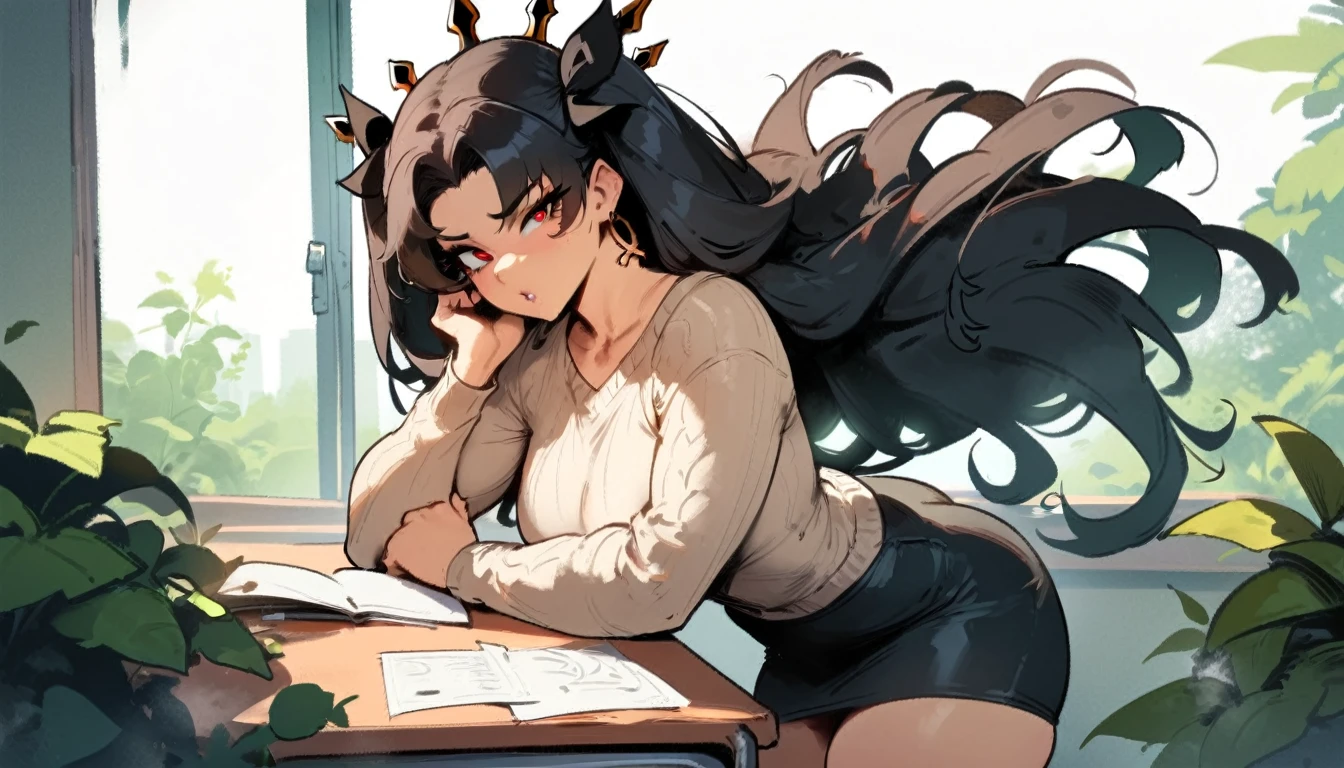 1girl, ishtar \(fate\), fate \(series\) \\\\\ masterpiece, best quality, very aesthetic, absurdres, newest \\\\\\ slim body,///// ,by nyantcha,cutesexyrobutts , by khyle,,////// beautiful face, sexy, red eyes, , at school, windows, greenery, sweater,skirt,at desk