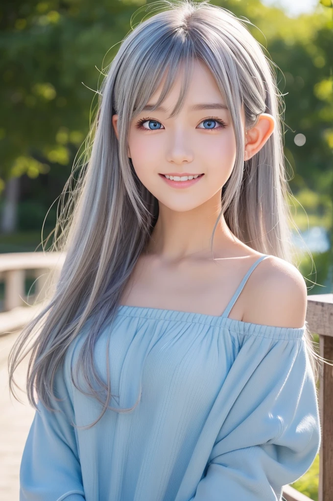 Create a high-resolution, upper-body image of a cute anime girl with blue eyes and long, flowing gray hair. She has tanned skin and is an elf with delicately pointed ears. She is smiling warmly and looking directly at the viewer, giving a friendly and inviting expression. She is wearing a light, pastel-colored camisole that complements her complexion. Her hair cascades gracefully around her shoulders, with a few loose strands framing her face. The background should depict a sunny lakeside scene with clear blue skies, a sparkling lake, and lush greenery. Ensure the background is detailed yet softly blurred to keep the focus on the character. The style should be kawaii and highly detailed, capturing the charming and whimsical essence of anime art. Ensure the image is high quality and high resolution, with careful attention to the character’s features and expression.