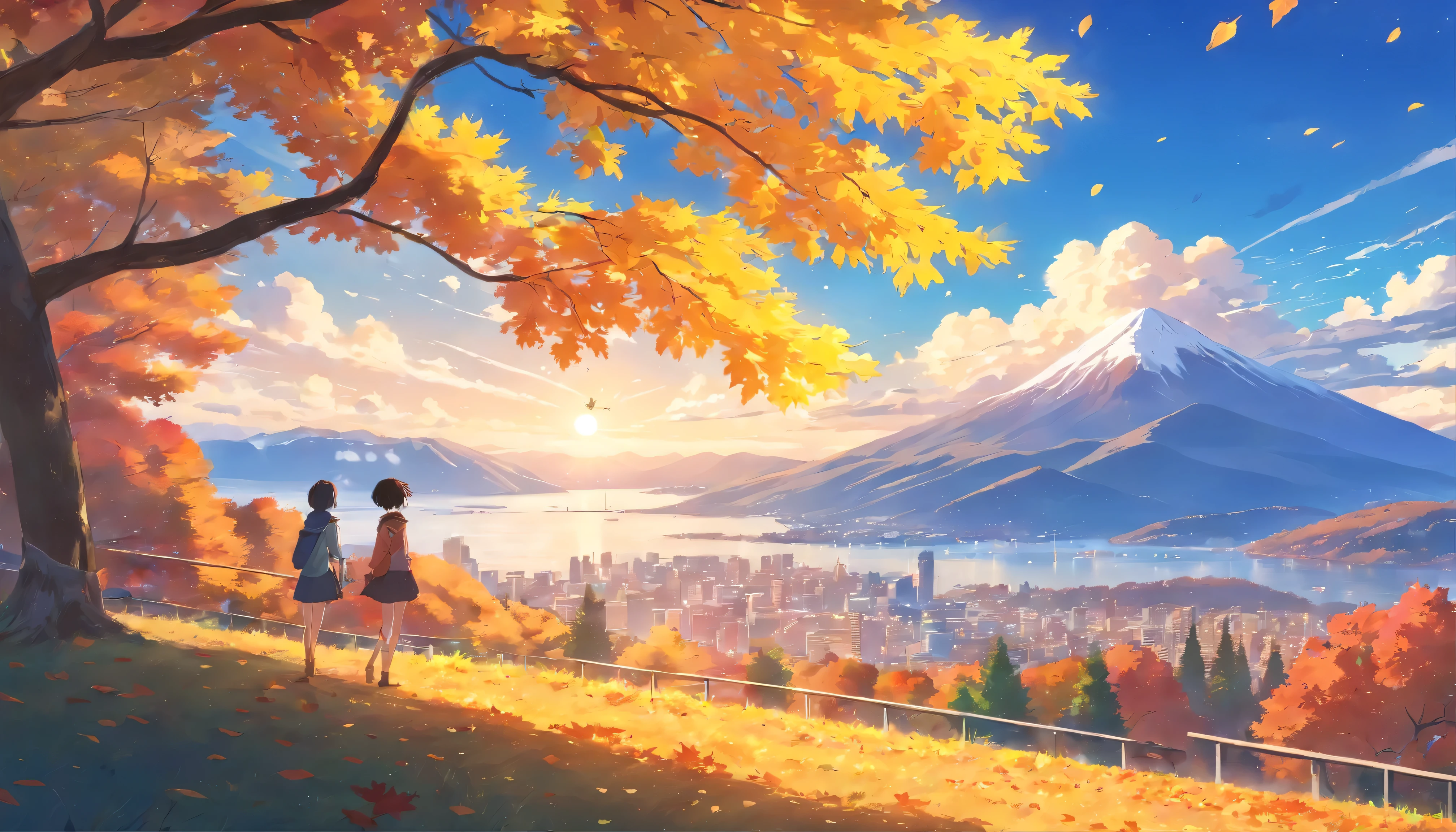 Autumn scenery, Maple leaves falling, Golden, Blue sky, White Cloud, Mountains in the distance, Very romantic, Comfort, peaceful, visual impact, Hayao Miyazaki, Japanese cartoons, best quality, Ultra HD, high quality, High Detail, Perfect picture, Textured Skin, precise, Fine details