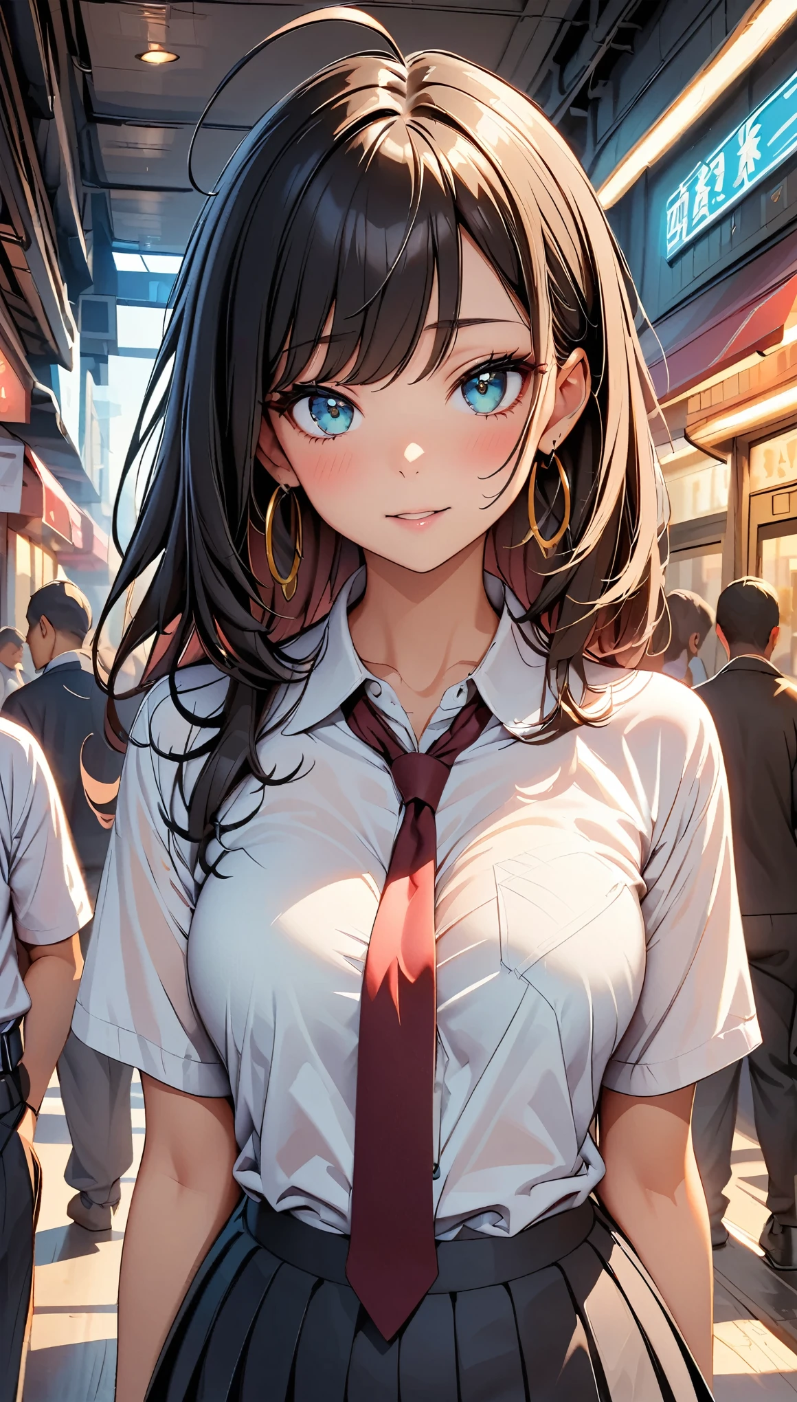 (highest quality:1.2, Anime artwork, Very detailed, High Detail, digital coloring, High Contrast, masterpiece:1.2, highest quality, Best aesthetics), (((kitagawa marin, 1 girl))), Black Hair, Straight long hair, Pink gradient hair, empty eyes, Earrings, White shirt, Black choker, Blue tie, Checked skirt, Pouting, slouch, Are standing, Cowboy Shot, bustling street, lift skirt myself,skirt lift,show panty,panty,lingerie,embrassing,lovestruck