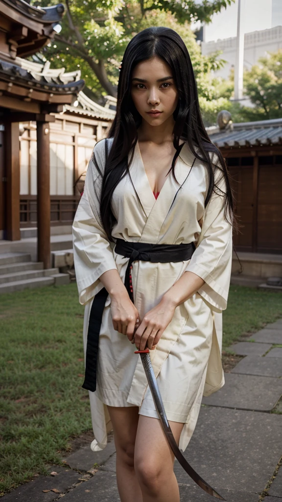 anime girl with a long black hair and red eyes .Standing in the middle of a temple square.holding a katana sword. sharp features. wearing a loose kimono. nice face. wide eyes . Anime style