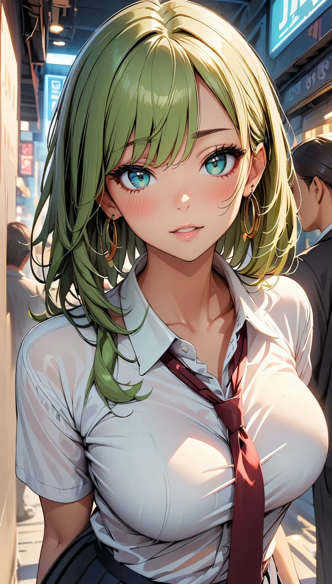 (Highest quality:1.2, High Detail, masterpiece:1.2, Best aesthetics), (1 girl), Beautiful woman, Beautiful detailed eyes, Beautiful detailed lips, Highly detailed face, Delicate depiction of hair and eyes, Detailed Fashion, ((Portraiture, Cowboy Shot, People Girls, blush)), Aqua Eye, Green Hair, huge ahoge, Mouth open, Earrings, hoop Earrings, JK, White shirt, Loose red tie, Pleated skirt, View your viewers,