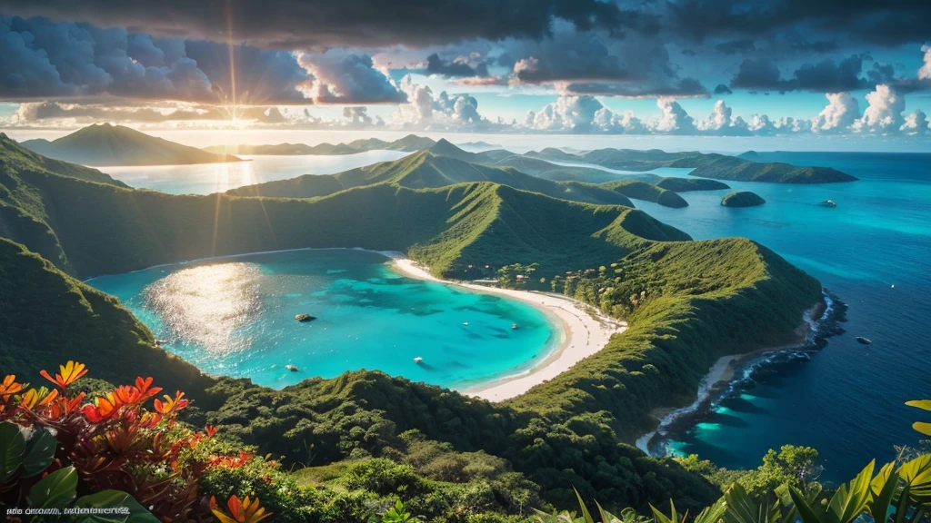 A photorealistic Fuji X-T5 photography, glitching digital screen, birds-eye view of a tropical paradise in the sun, summer fever dream, sun beams, lens flares, the weather is very dark, cloudy, rainy and foggy, with pristine, white sand beaches, lush, aquatic cosmopolitan tropical foliage vegetation, ludwigia, hornwort, big green leaf plants, verdant rainforests, and a vibrant, turquoise lagoon, captured from a high-altitude drone during a breathtaking sunset, showcasing the island's rugged coastline, coral reefs, and the vast, shimmering expanse of the surrounding ocean, rise with the morning, fall into the night, shine so brights