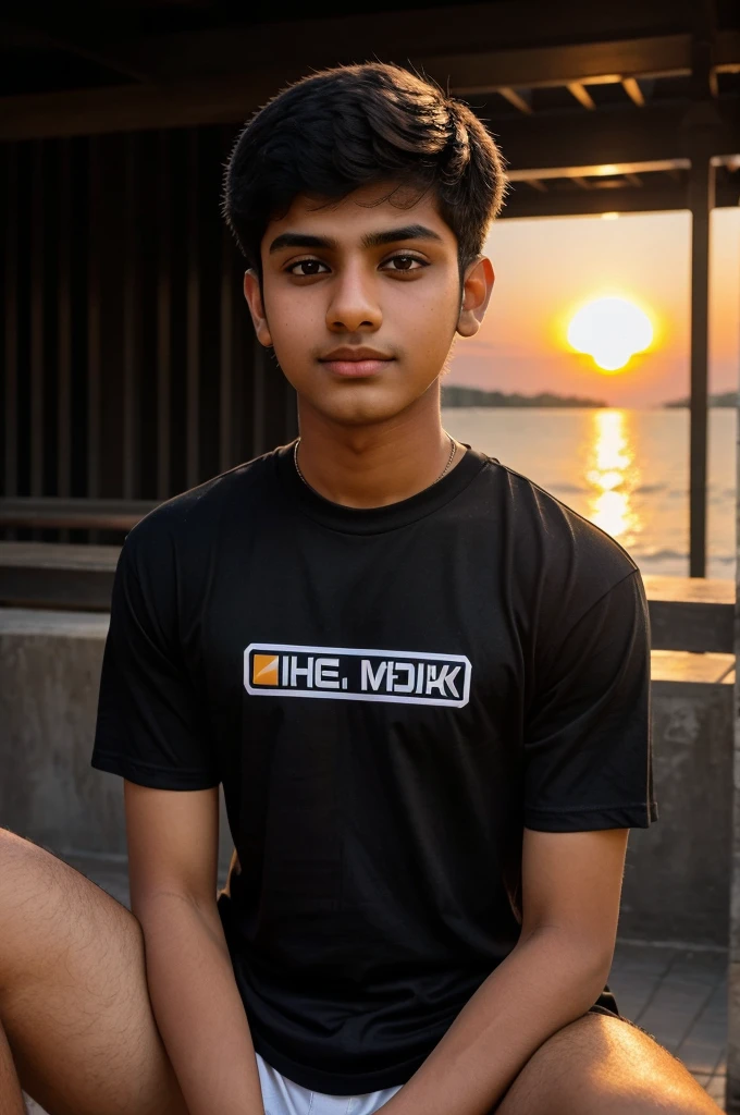 A 15 year old boy sitting on instagram logo and Mayank is written in his black t-shirt and background is sunset