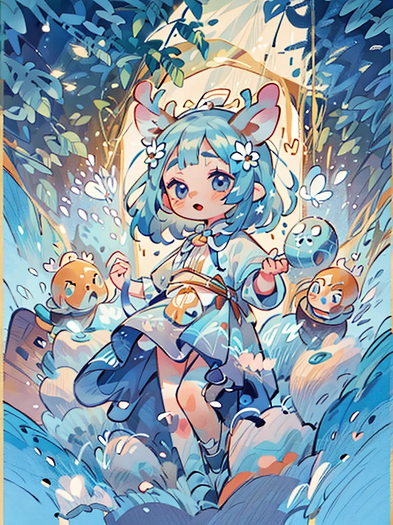 chibi, masterpiece, best quality, extremely detailed, detailed background, detailed face, 1girl, full-body, solo, pale skin, long blue hair which each strands were being lifted up by butterflies, deer ears, white deer horns, happy expression, white dress, blue flower, good finger, perfect face, intricate details, mystical forest theme, tarot, BORDER, celestial