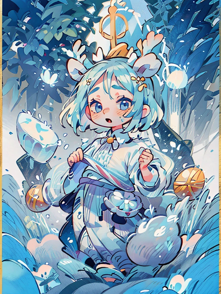 chibi, masterpiece, best quality, extremely detailed, detailed background, detailed face, 1girl, full-body, solo, pale skin, long blue hair which each strands were being lifted up by butterflies, deer ears, white deer horns, happy expression, white dress, blue flower, good finger, perfect face, intricate details, mystical forest theme, tarot, BORDER, celestial