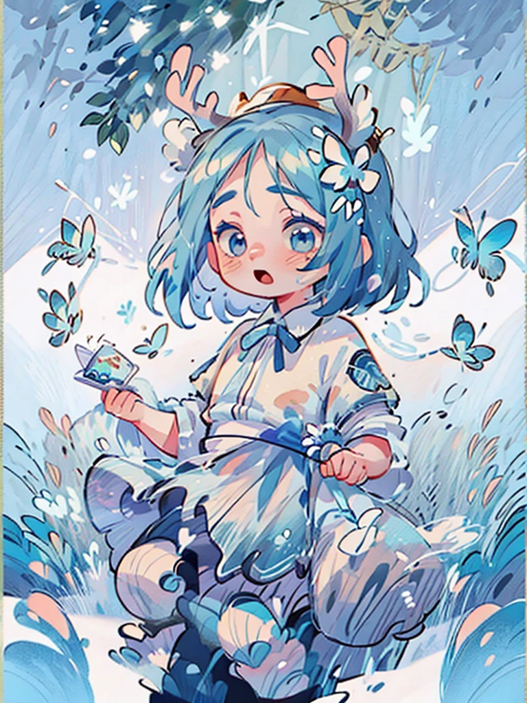 chibi, masterpiece, best quality, extremely detailed, detailed background, detailed face, 1girl, full-body, solo, pale skin, long blue hair which each strands were being lifted up by butterflies, deer ears, white deer horns, happy expression, white dress, blue flower, good finger, perfect face, intricate details, mystical forest theme, tarot, BORDER, celestial