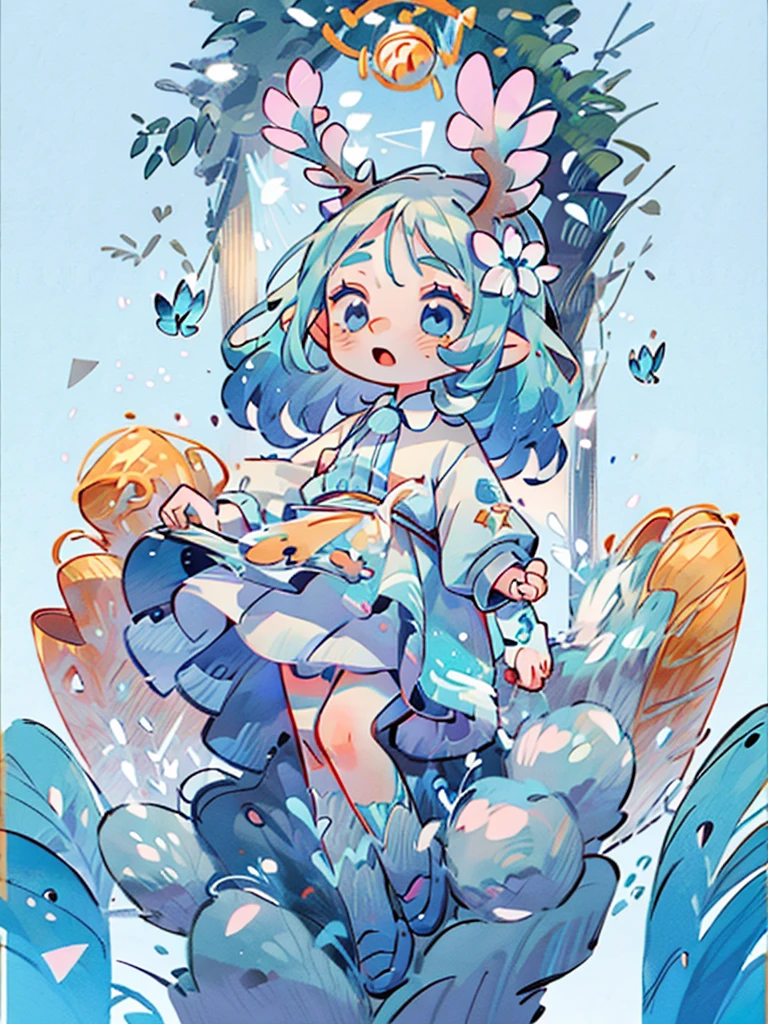 chibi, masterpiece, best quality, extremely detailed, detailed background, detailed face, 1girl, full-body, solo, pale skin, long blue hair which each strands were being lifted up by butterflies, deer ears, white deer horns, happy expression, white dress, blue flower, good finger, perfect face, intricate details, mystical forest theme, tarot, BORDER, celestial