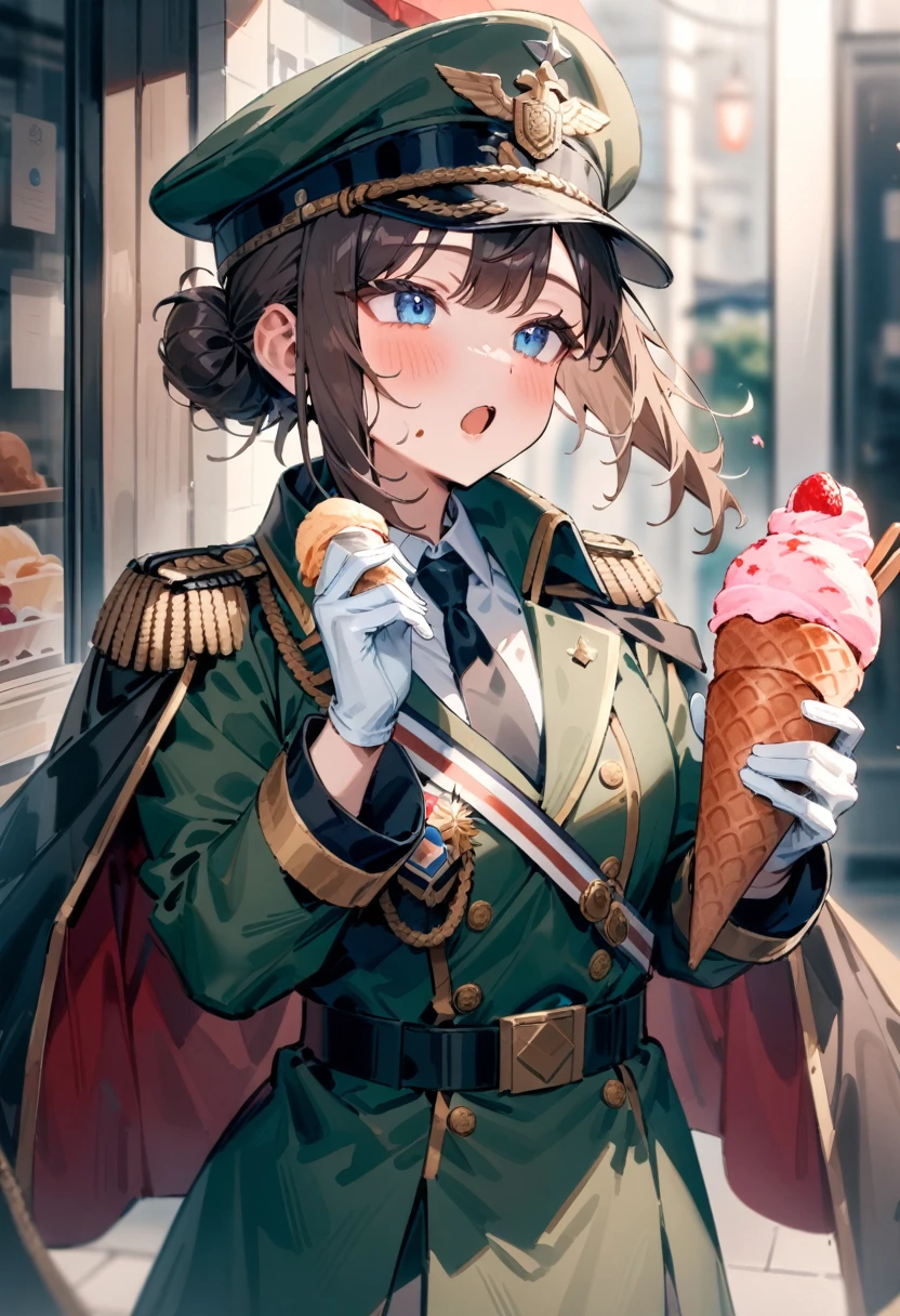 masterpiece, best quality, very aesthetic, absurdres, newest, 1girl, solo, open mouth, bangs, blue eyes, brown hair, shirt, gloves, long sleeves, hat, holding, jacket, white shirt, sidelocks, food, necktie, collared shirt, belt, white gloves, hair bun, cape, uniform, military, military uniform, single hair bun, holding food, black necktie, epaulettes, military hat, green jacket, ice cream, ice cream cone, medal