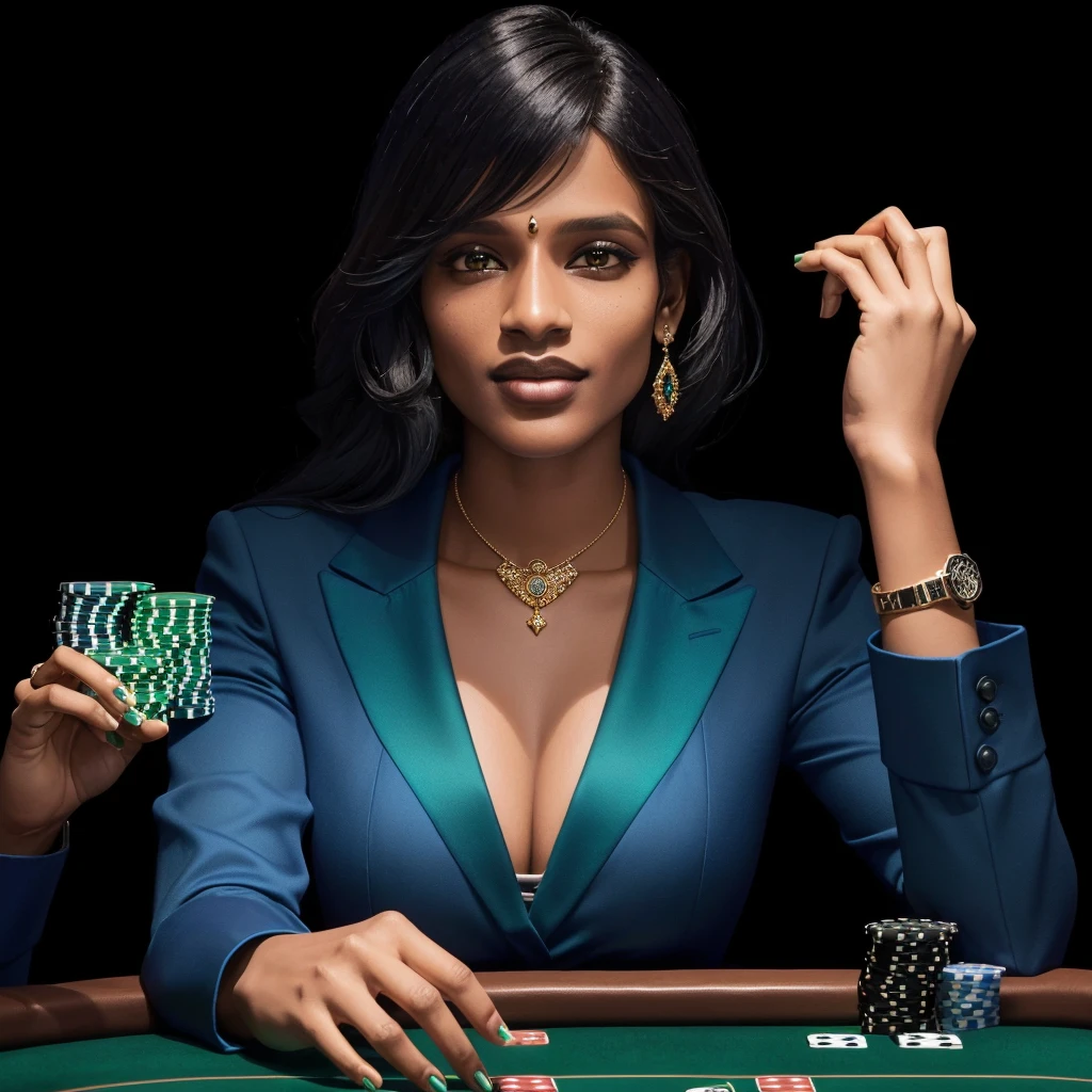 Dravidian woman holding green and blue chips in her hands, casino, online casino logo, poker, Jody Herolle, On black background, Profile photo, gamble, 3 0-year-old female, 30-year-old female, playing poker, Looks cool, Stunning images, Gorgeous Stella Maeve