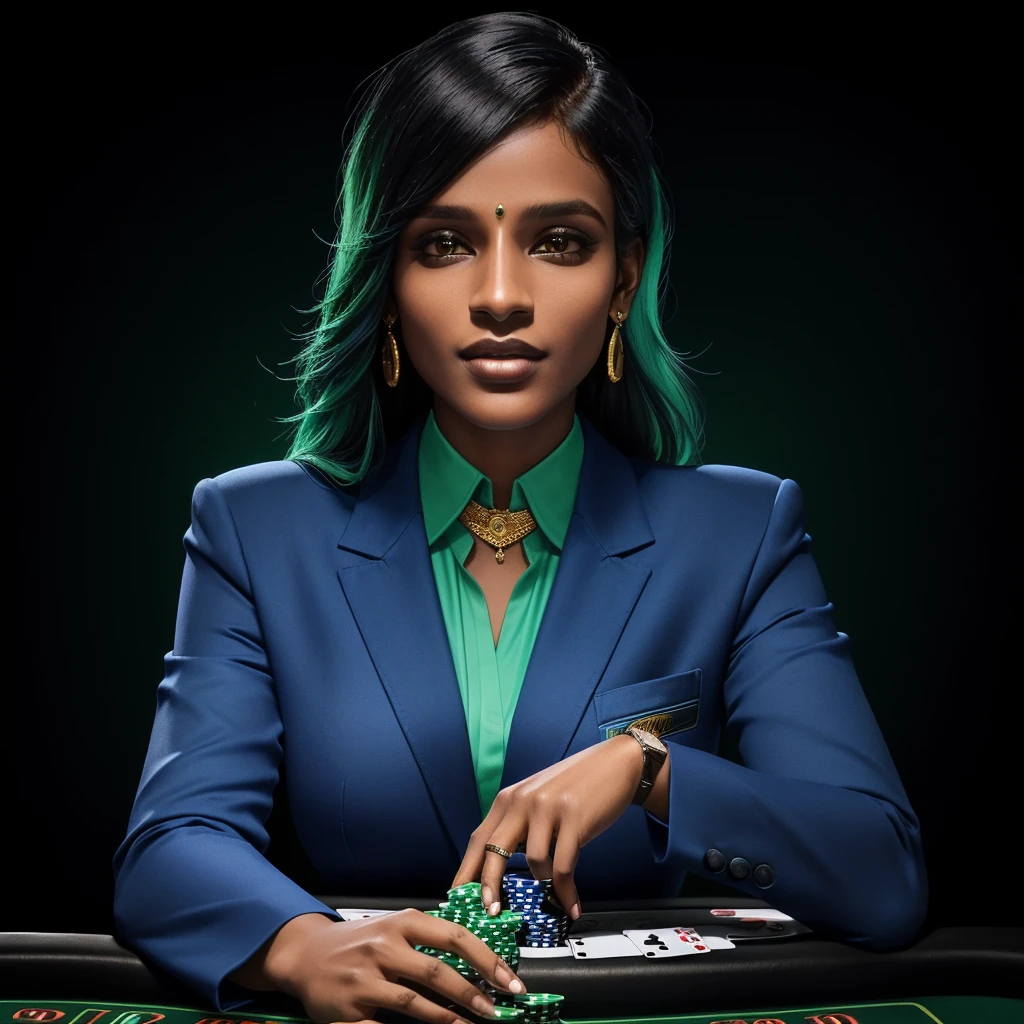 Dravidian woman holding green and blue chips in her hands, casino, online casino logo, poker, Jody Herolle, On black background, Profile photo, gamble, 3 0-year-old female, 30-year-old female, playing poker, Looks cool, Stunning images, Gorgeous Stella Maeve