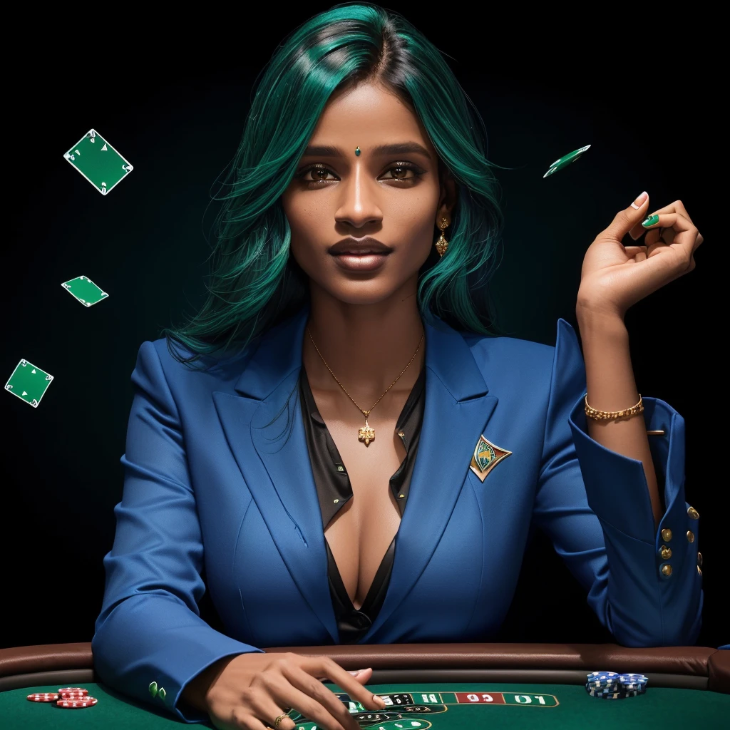 Dravidian woman holding green and blue chips in her hands, casino, online casino logo, poker, Jody Herolle, On black background, Profile photo, gamble, 3 0-year-old female, 30-year-old female, playing poker, Looks cool, Stunning images, Gorgeous Stella Maeve